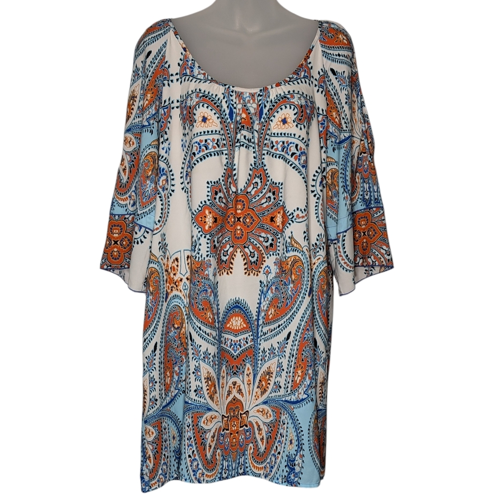 Gibson Latimer Large Multicolor Bohemian Print Split 3/4 Sleeve Dress Spring